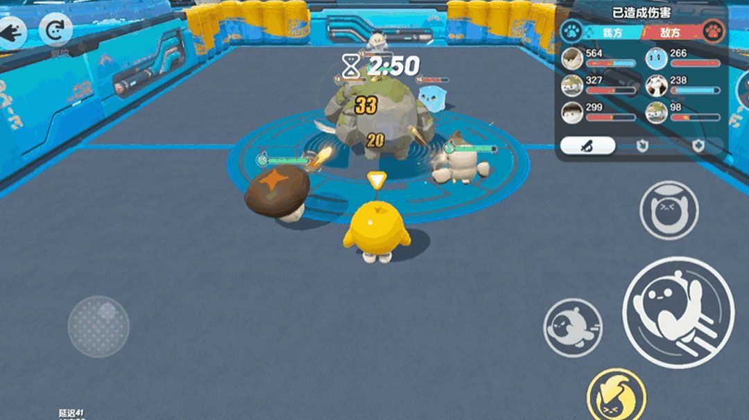 三只艾比组成的战队在竞技场中激烈对战，技能特效交织，背景为观众席和灯光舞台