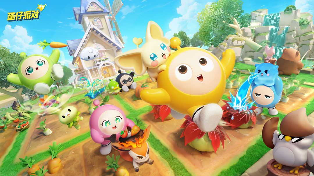 蛋仔在阳光明媚的农场中浇水，几只小艾比在田间帮忙搬运作物，画面温馨治愈