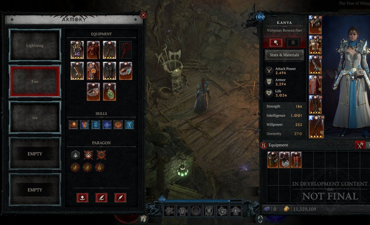 《暗黑破坏神4》军械库界面展示，玩家可查看多个预设配置，包含装备、技能与巅峰盘布局