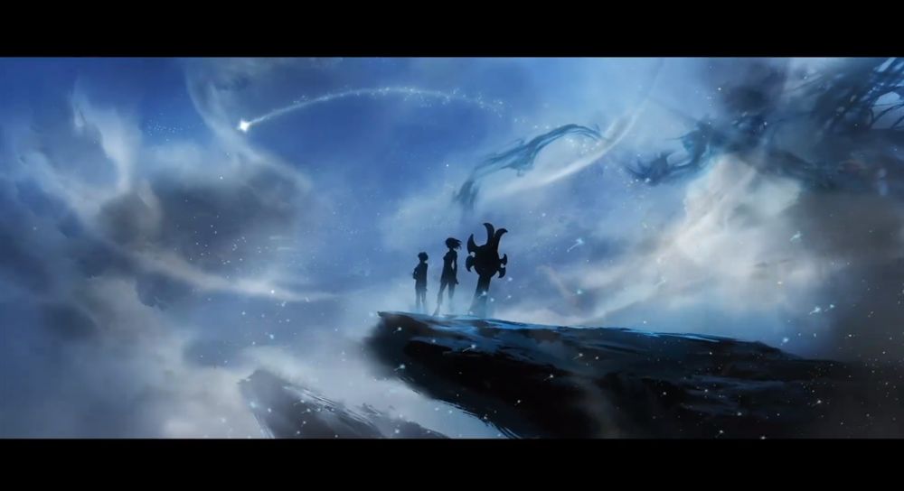 「八方异闻卷」预告片截图，星空背景下浮现神秘符文与角色剪影，氛围神秘
