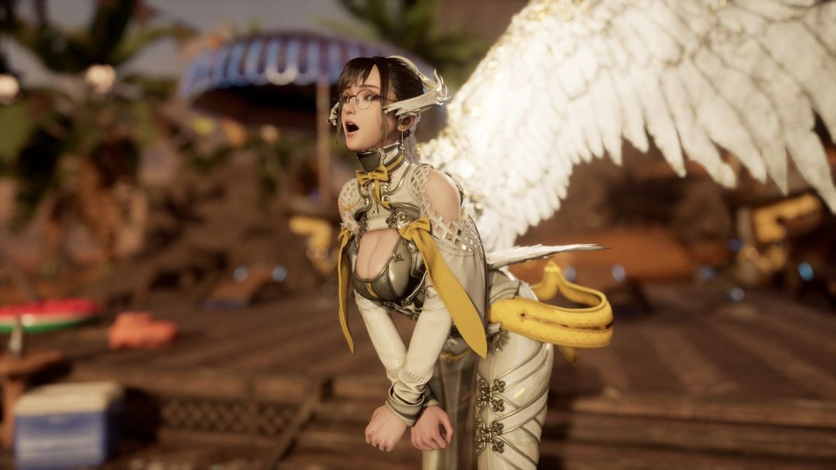 伊芙身穿战斗装甲侧身站立，镜头聚焦于角色面部细节，眼神坚定，背景为废墟战场