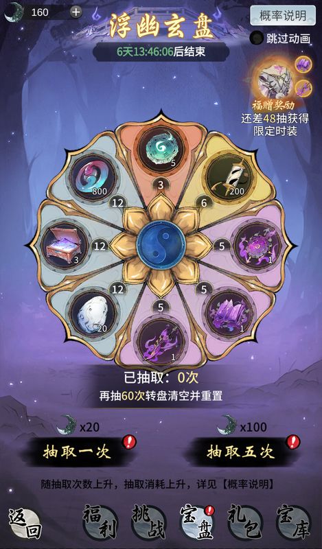 玩家参与福利转盘抽奖的动画场景，光效环绕，奖品包括时装碎片与古宝