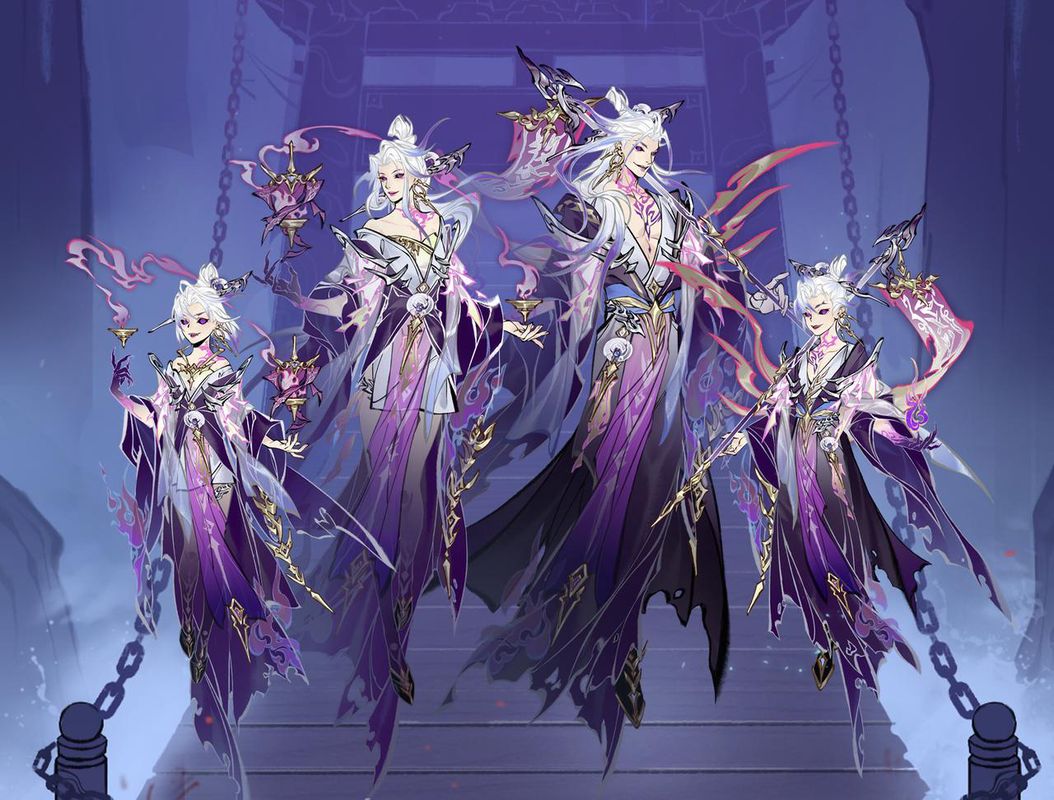 女性角色手持魂灯，身着‘紫幽冥主’灵画，立于冥河之上，光影交错