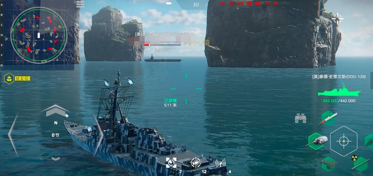 玩家操作界面显示刻赤号手动瞄准敌舰，火箭炮准备发射