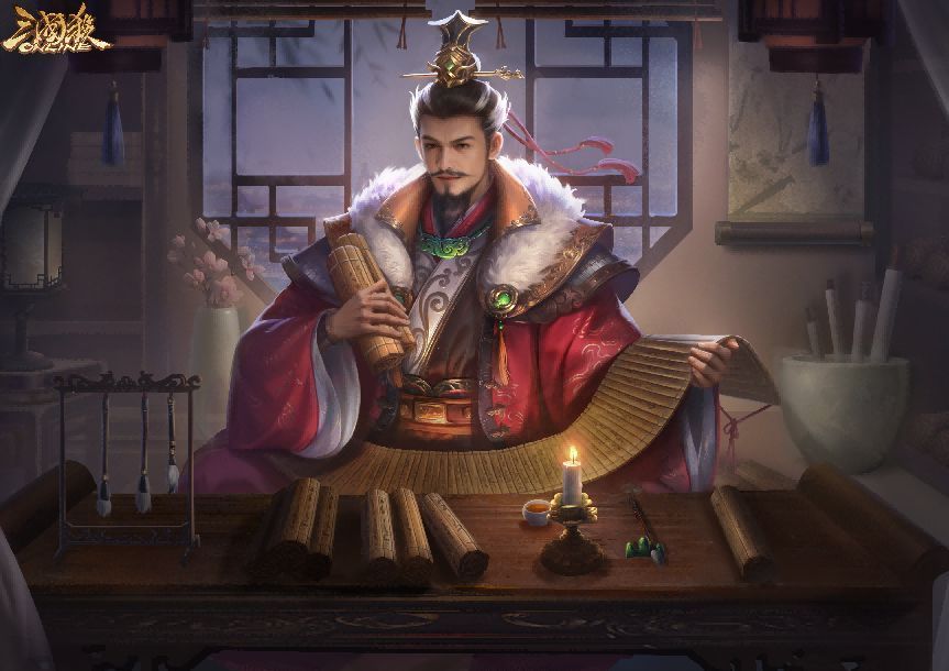 「琳琅绘卷」纸雕皮肤动态效果图，卷轴展开，光影交错，展现庞统智谋风采