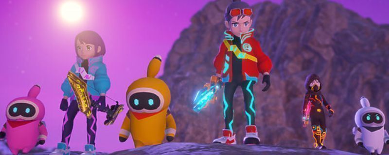 《欧米茄工匠》游戏主界面展示，角色与机器人伙伴Grammi并肩站立于奇幻地貌前，背景为悬浮岛屿与发光植物