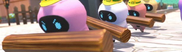 玩家与Grammi共同建造城镇的场景，远处是整齐排列的房屋和自动运转的采矿装置