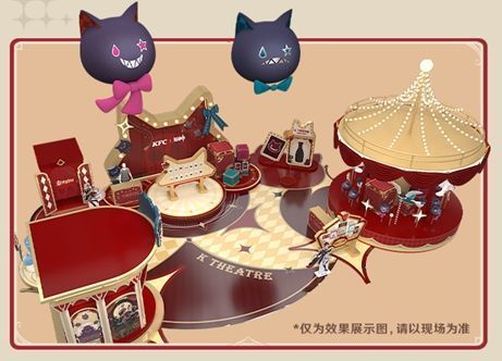 深圳快闪店概念图，建筑外观采用魔术剧院风格，顶部悬浮巨型礼帽与扑克牌装饰