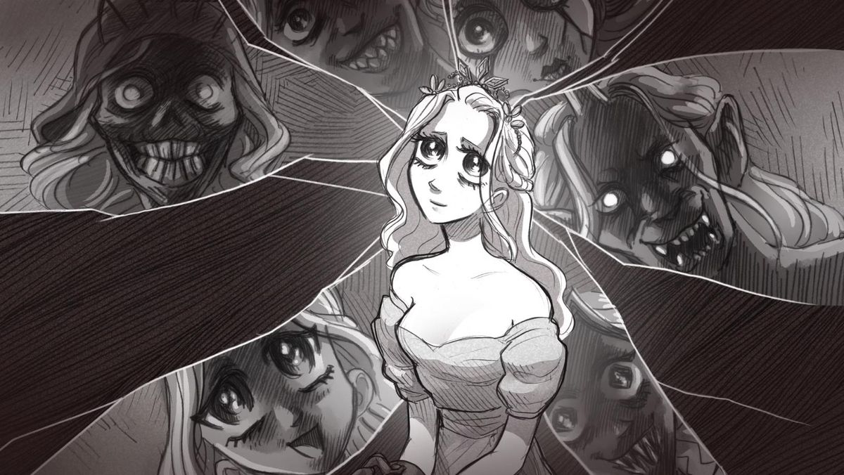 《杀死公主》游戏内场景截图，展示手绘风格的对话界面，公主眼神魅惑，背景扭曲变形，体现心理恐怖氛围