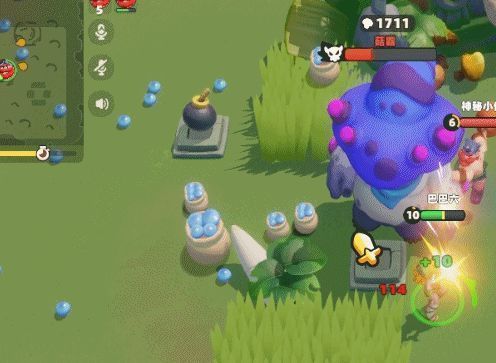 《野蛮人大作战2》菇霸争夺赛中，玩家围绕巨大蘑菇状BOSS展开激烈战斗