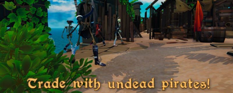 《海盗湾模拟器》游戏主界面展示，画面呈现热带岛屿与海盗船停靠港口的场景