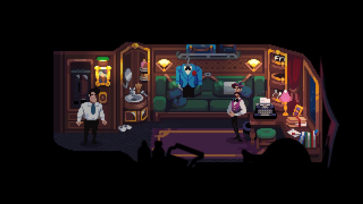 游戏内场景展示，乘客在餐车交谈，窗外夜景飞驰而过，灯光与阴影层次分明