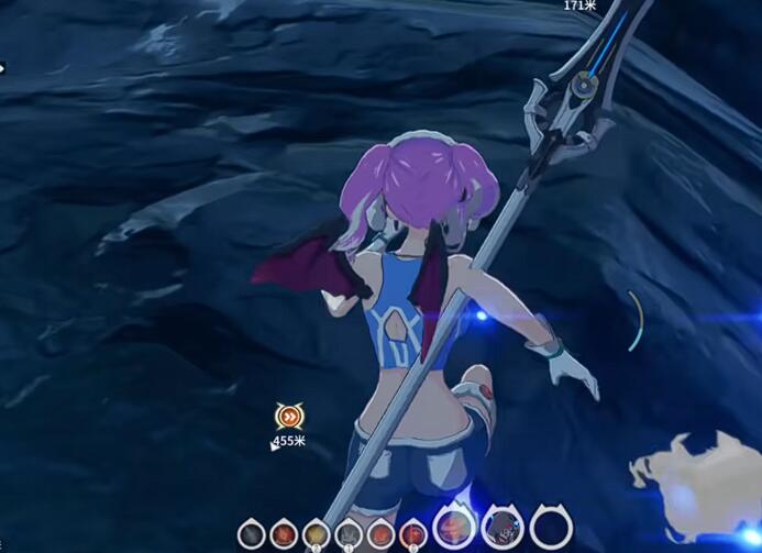 角色在空中完成二段跳跃动作，轨迹呈Z字形，背景为高耸的试炼塔