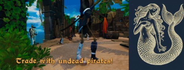 玩家在游戏内经营的酒馆场景，骷髅海盗围坐在桌边喝酒，店主正在柜台后收钱