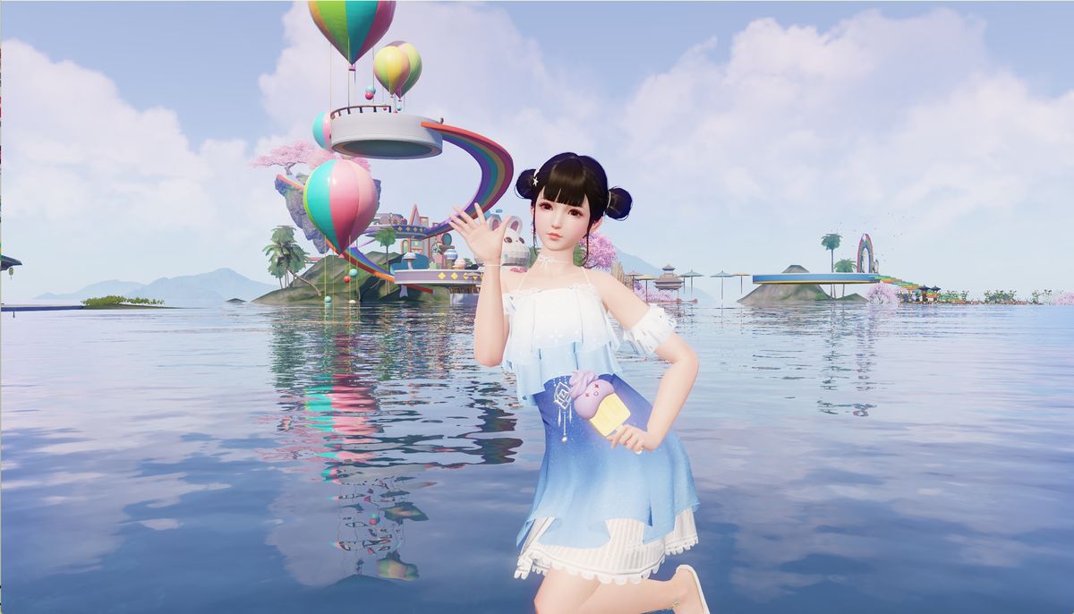 游戏内清凉雪糕盲盒展示图，四款不同颜色的雪糕挂件排列整齐，背景为甜品店风格的卡通装饰