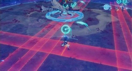 战斗场景全景，修洛巴罗特立于中央释放雷电杀阵，周围冒险者正在扇形区域外躲避