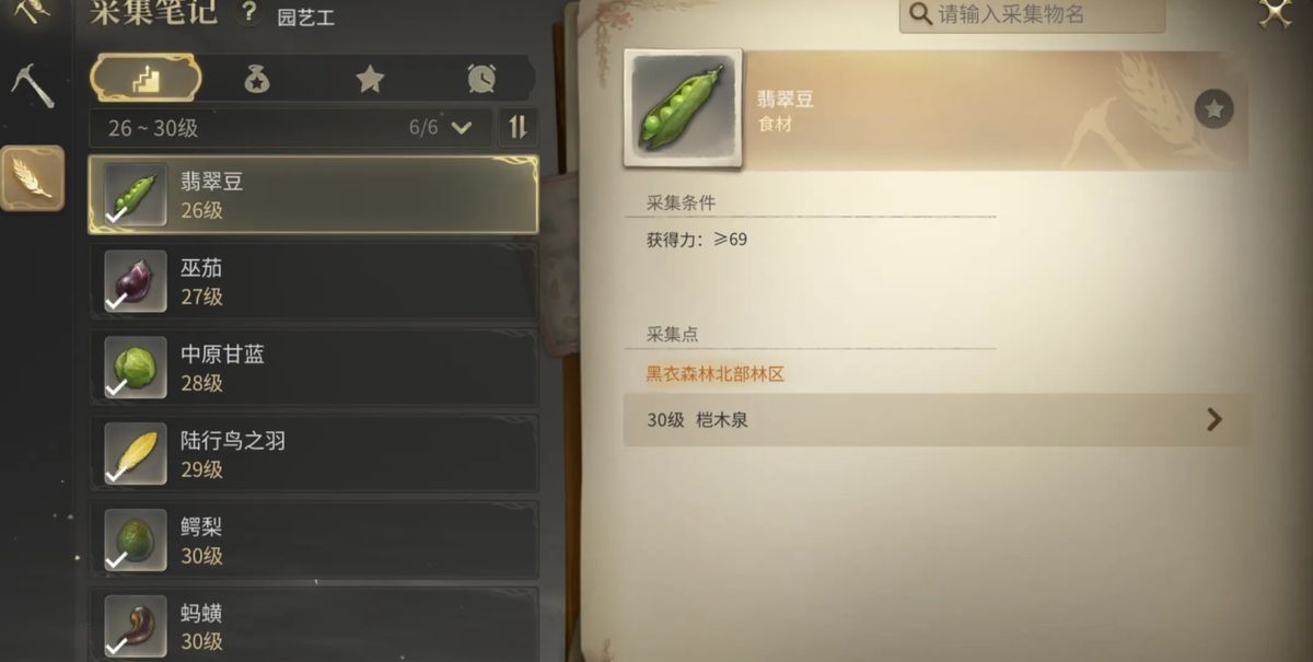 采草师在森林中弯腰采集草药，阳光透过树叶洒落，周围植被茂盛