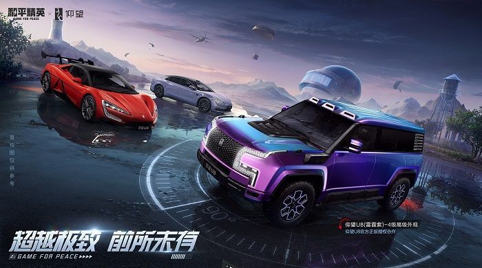 「仰望」U9在海岛夜道上疾驰，尾灯划出红色光轨，周围霓虹闪烁，充满赛博朋克风格的竞速氛围