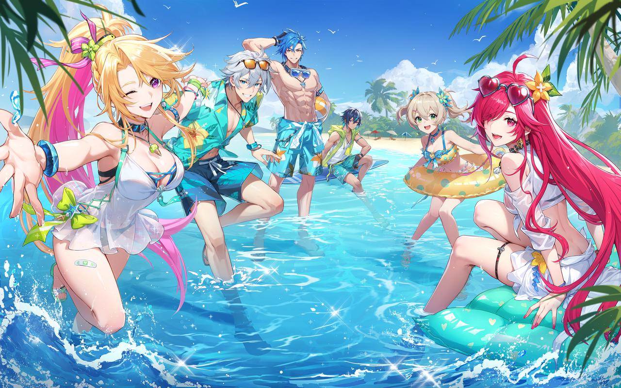 游戏角色集体换上夏日泳装，在飞浪岛沙滩上合影，海浪翻滚，阳光明媚