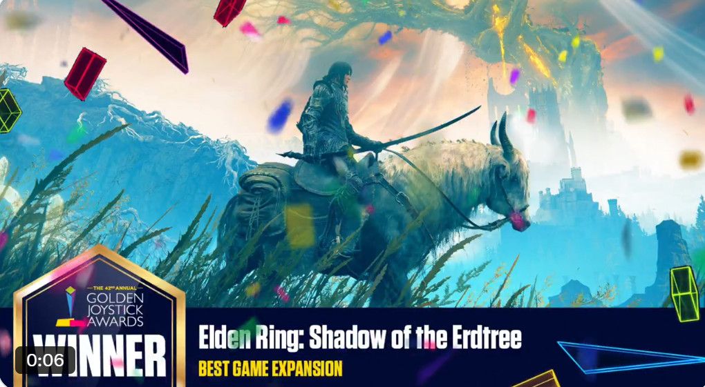 宫崎英高在视频中露面，面带微笑表达对玩家的感谢，背景为FromSoftware公司标志与《艾尔登法环：黄金树幽影》的游戏LOGO