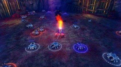 剧情对话画面，NPC内卡利单膝跪地向玩家角色请求帮助，背景为燃烧的村庄与远处的哥布林营地