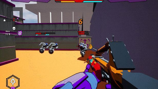 游戏战斗场景，AI.VI手持改装武器在矿洞中与企业无人机激烈交火，周围布满爆炸特效和防御工事