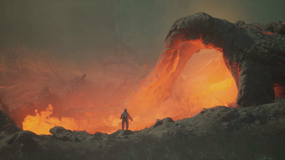 夜晚场景，角色点燃信号灯，在风雪中艰难前行，周围是废弃的科研设施