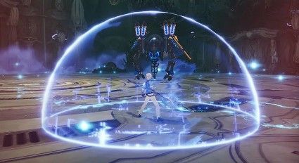 玩家站在红色激光路径中进行阻挡，身上显示电磁易伤叠加层数