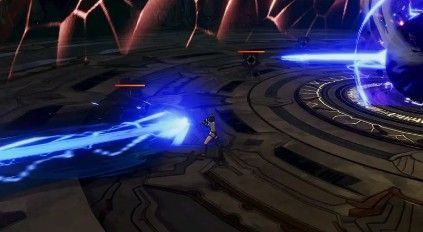 守护职业拉怪面向空旷区域，激光从首领口中射出，划破地面留下灼烧痕迹