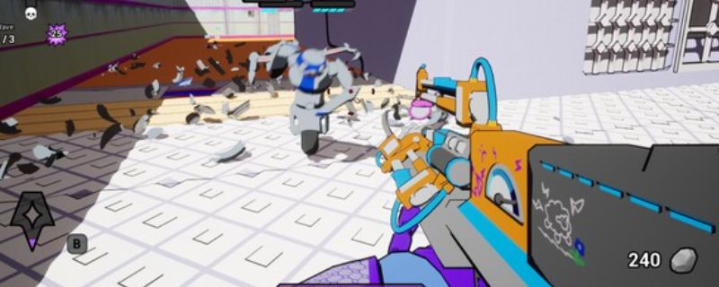 《AI.VI》游戏实机画面，展示第一人称视角下的未来科技战场，玩家手持能量武器对敌方机械单位进行防御射击