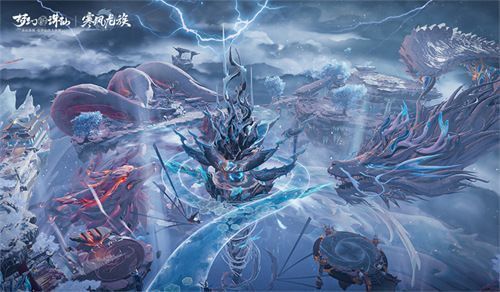 天琊城全景俯瞰图，白雪覆盖的古城依山而建，中央耸立巨龙雕像，空中飘着雪花与灵光