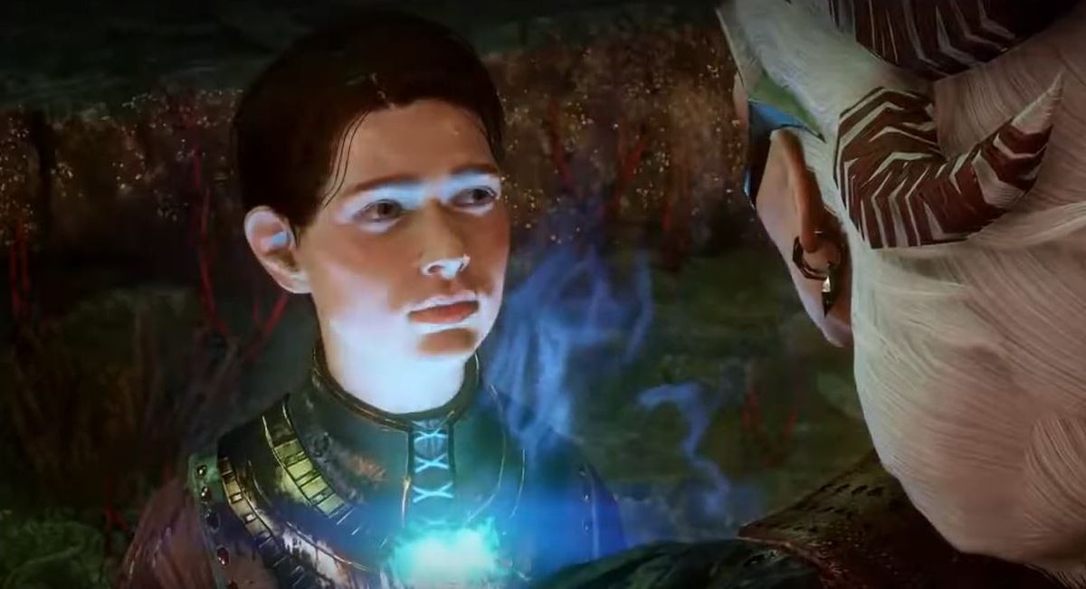 三位角色站在裂隙边缘，背后是扭曲的影界空间，光影交错营造出悲壮氛围