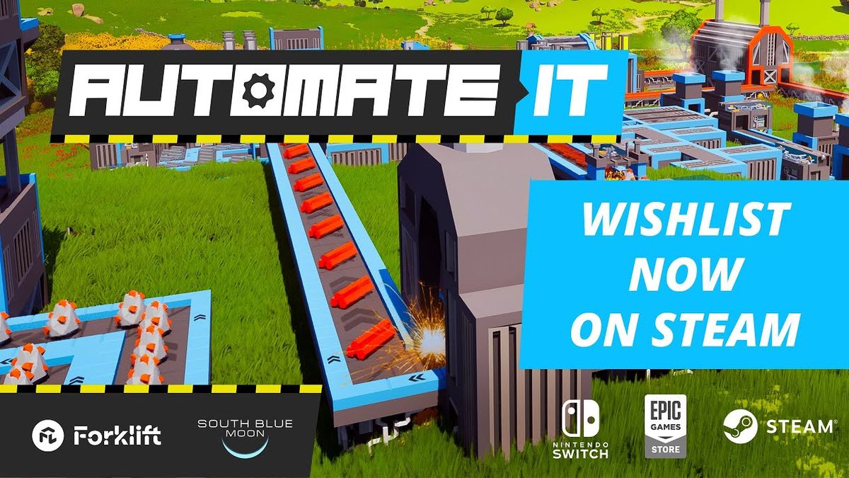 《让它自动化》游戏主界面展示，背景为繁忙的工业工厂，传送带与机械臂交错运行