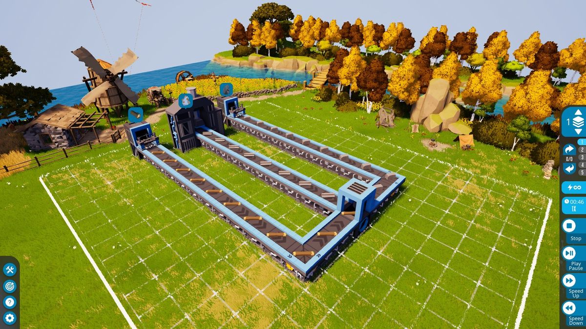 游戏中玩家建造的复杂自动化系统，多层传送带交织，机器有序运作，展现出精密工业美感