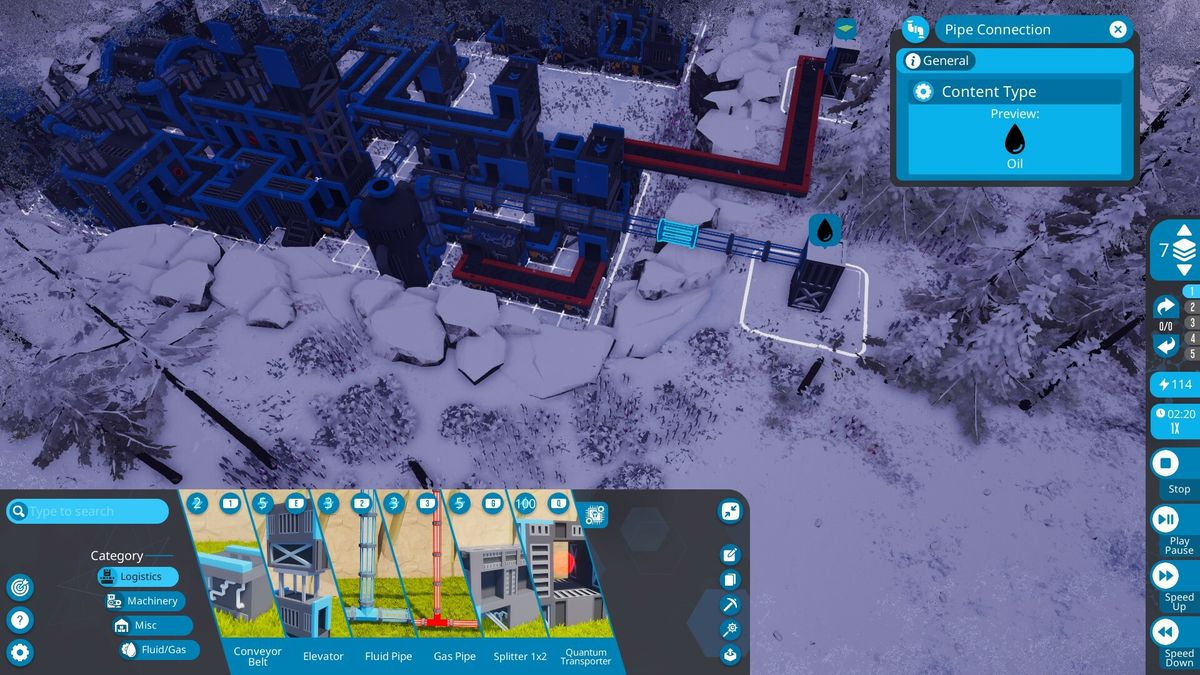 沙盒模式下玩家自由搭建的工业系统，色彩分明的管道与机械组件构成错综复杂的网络