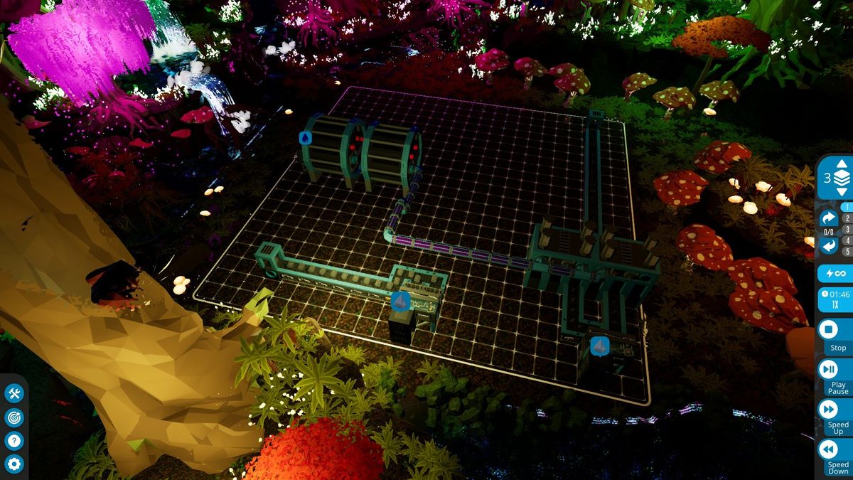 玩家操作界面特写，屏幕上显示多种资源状态，包括液位、气压和生产速率等数据图表