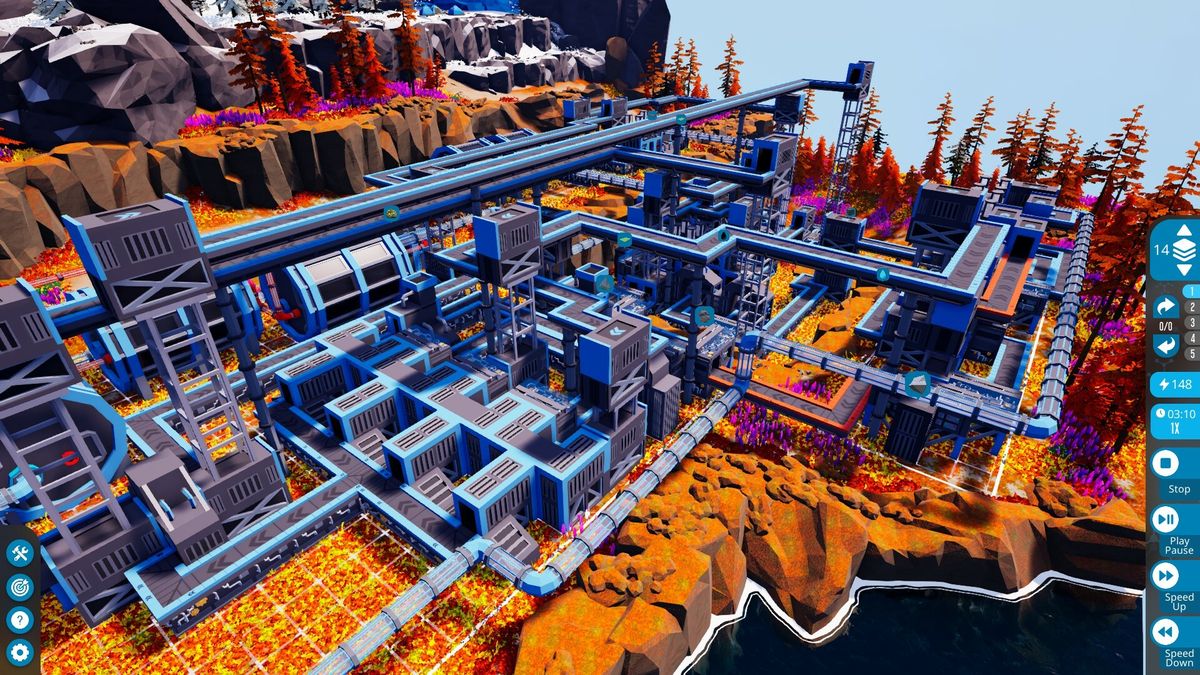 游戏关卡选择界面，多个挑战图标排列整齐，难度等级逐步上升，背景为动态运转的机械装置