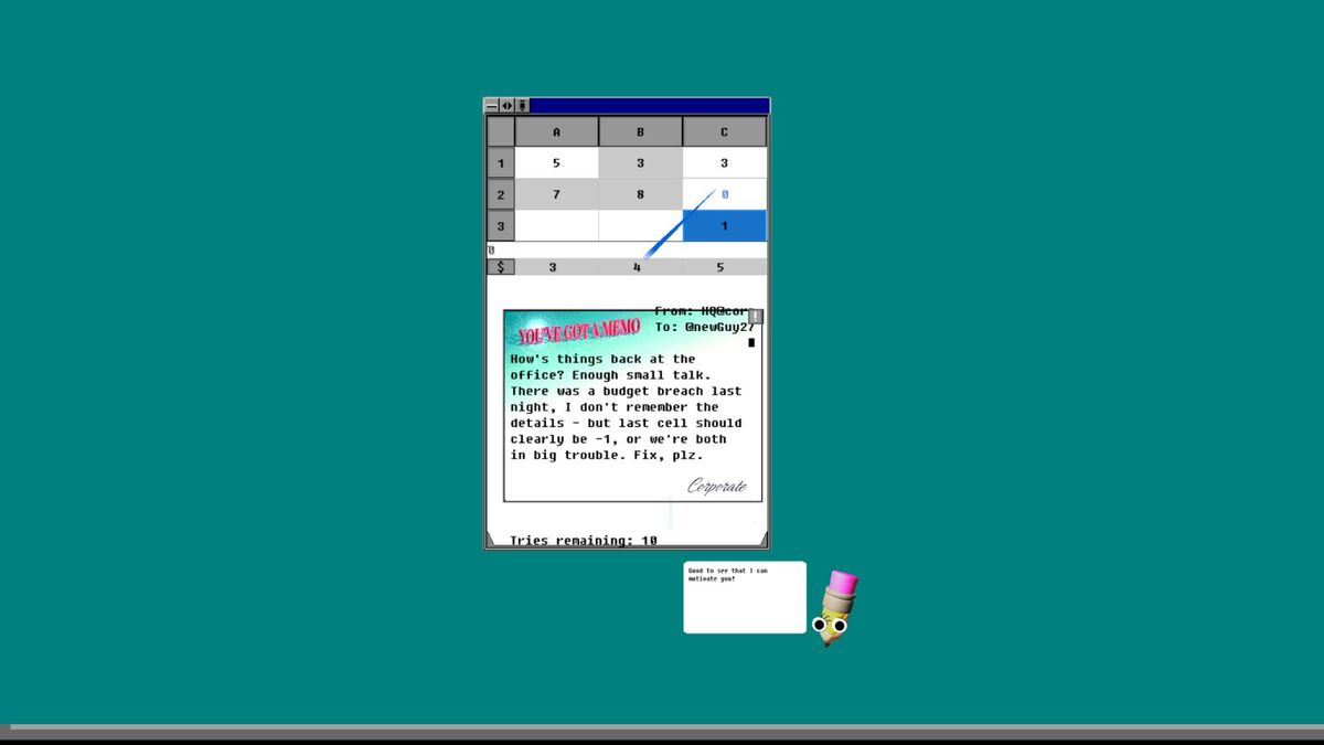 游戏内Excel式谜题界面，玩家正在输入公式，单元格颜色变化表示任务进度，界面右下角显示复古风格时钟