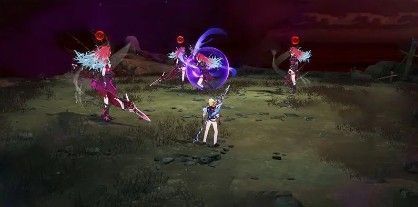 三个暗影分身从不同方向缓缓走向中央的虚蚀蒂娜，战场充满压迫感