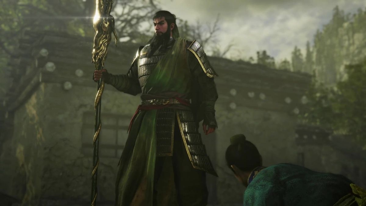 关羽骑赤兔马冲锋，挥舞青龙偃月刀斩敌，气势磅礴