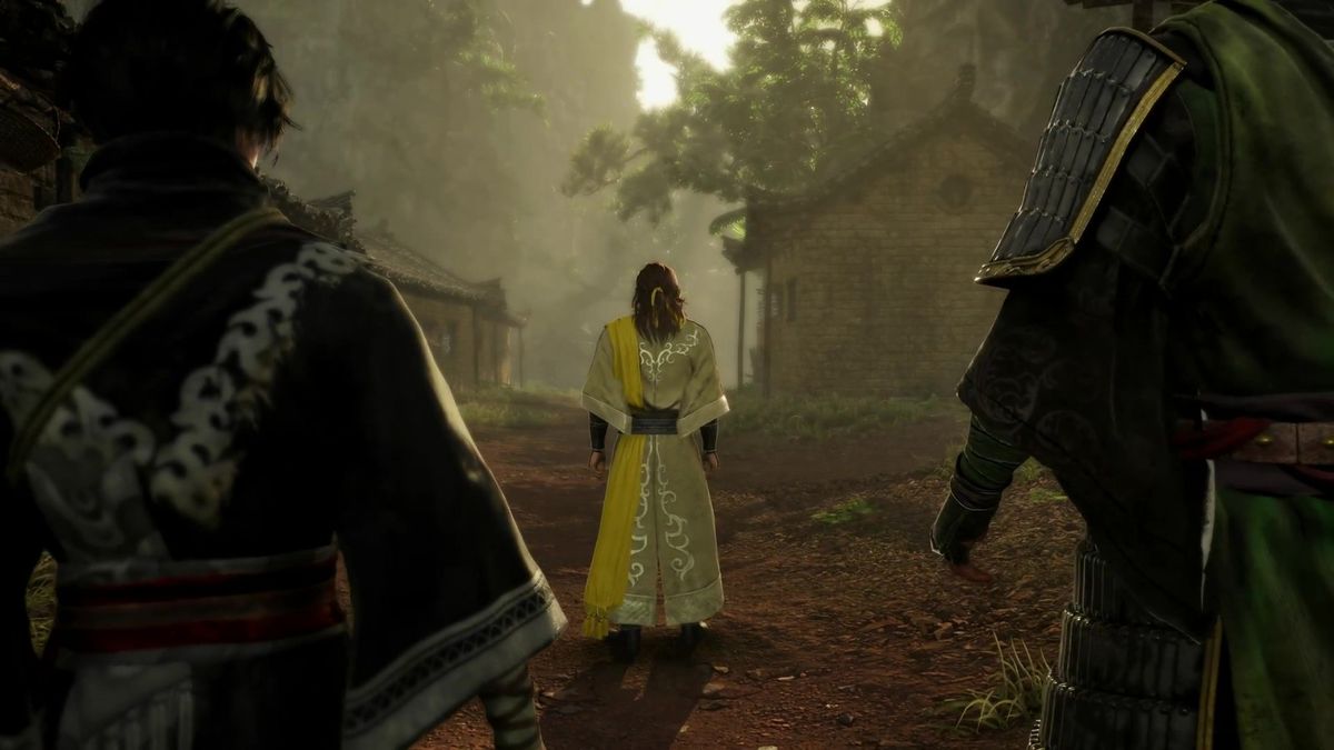 主角在雨中与敌军对峙，水花四溅，光影效果逼真