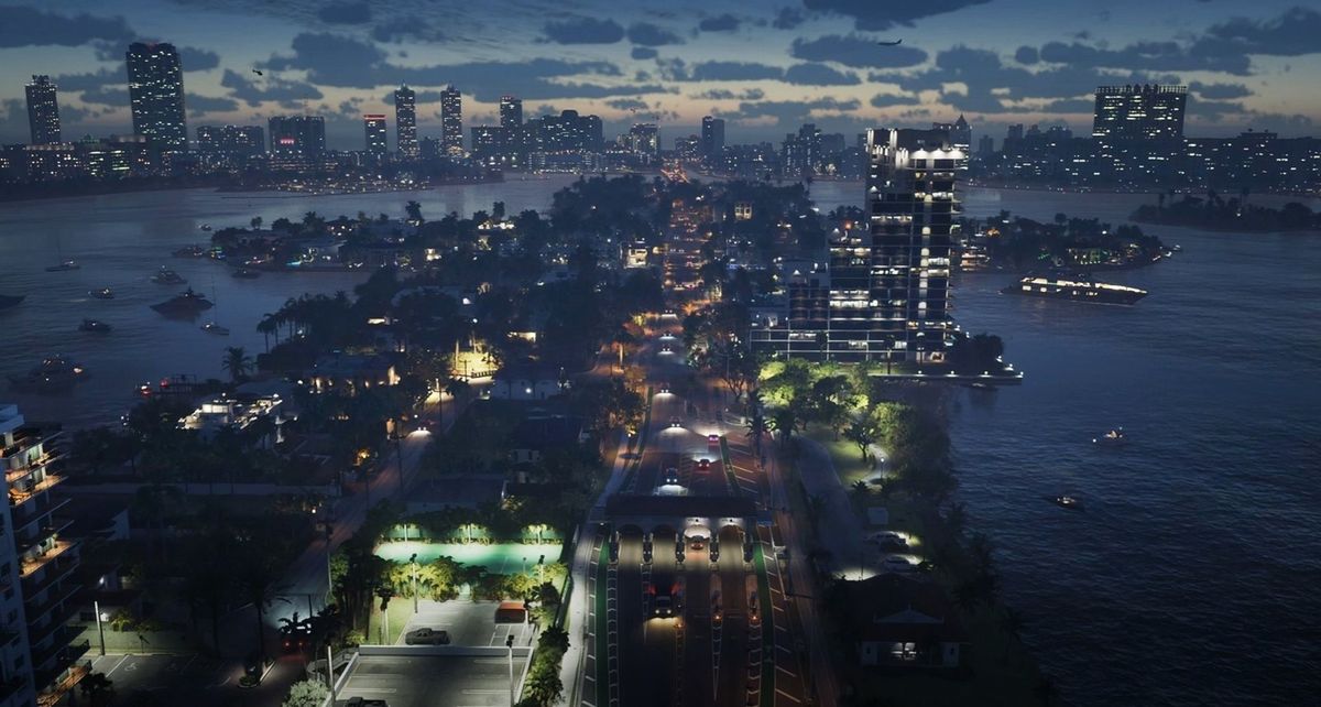 PS5 Pro与《GTA6》LOGO并列展示的宣传概念图，背景为迈阿密风格城市夜景，充满视觉冲击力