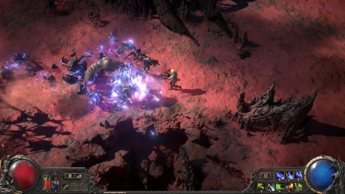 法师角色释放雷电技能，天空乌云密布，电光四射