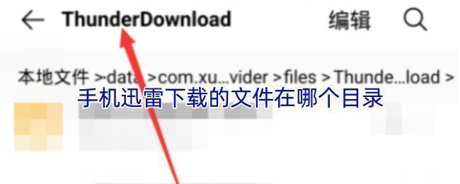 手机迅雷下载文件默认存储路径示意图，展示文件位于Android/data目录下的ThunderDownload文件夹中