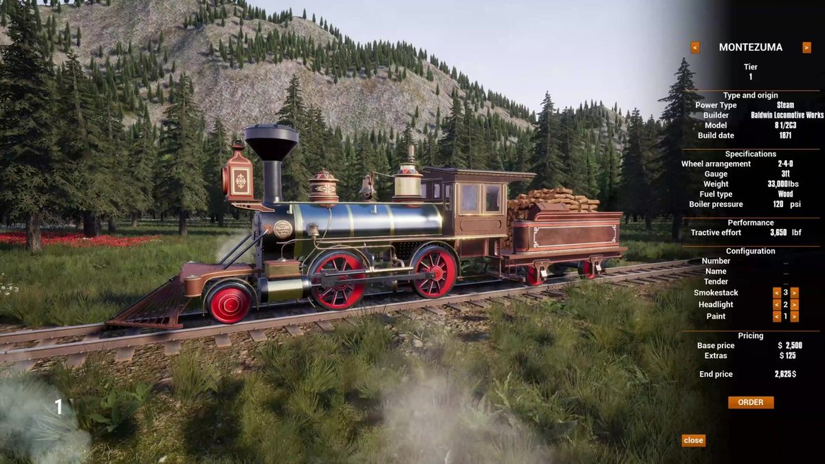 玩家第一视角驾驶蒸汽机车，仪表盘清晰可见，手正操作蒸汽调节杆，窗外风景快速后退