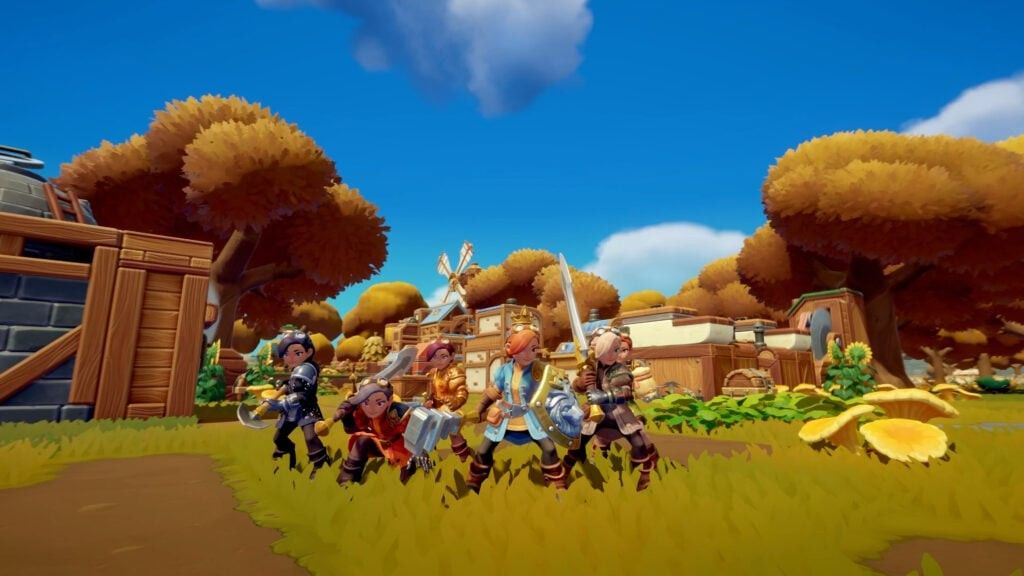 《Overthrown》游戏主视觉图，展示荒野中一座由木板与石块搭建的王国，远处有漂浮的王冠光芒与怪物出没的山林