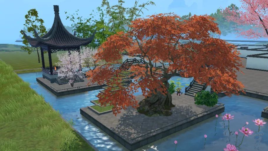 池塘中枫树红叶倒映水中，小桥连接浮岛，荷花盛开，古亭静立一旁