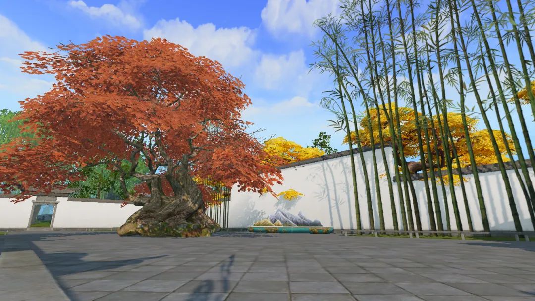 庭院中红枫与青竹并立，矮墙环绕，植物生机勃勃，形成丰富的空间层次