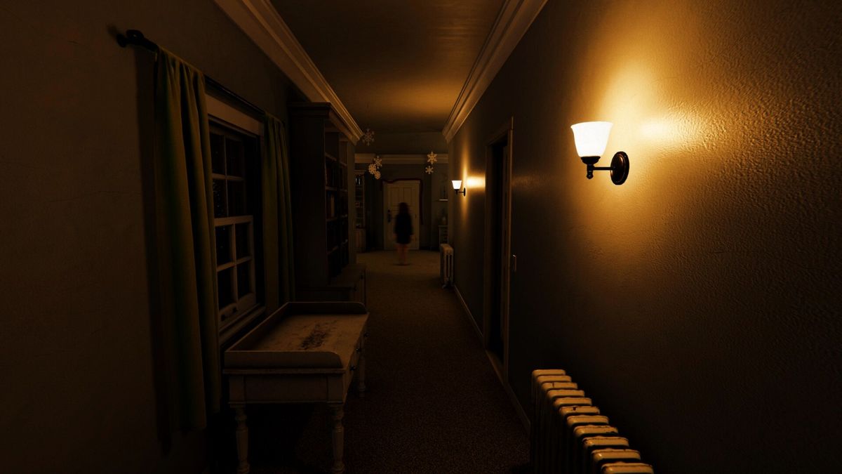 《灰烬之中》预告片截图，昏暗房间内电脑屏幕闪烁蓝光，墙上浮现诡异人影