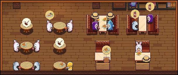 员工正在为客人服务，玩家角色站在吧台后微笑观察，气氛和谐